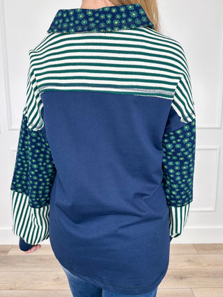 Cotton long-sleeve top, navy-blue back with striped yoke and green floral sleeves