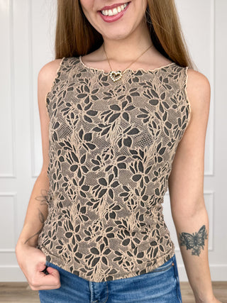 Knit tank top with floral lace knit pattern, sand-beige sleeveless crew neck