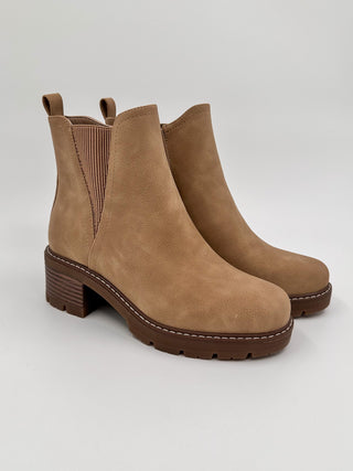 Tan faux-suede ankle booties with block heel, elastic side panels, cushioned sole