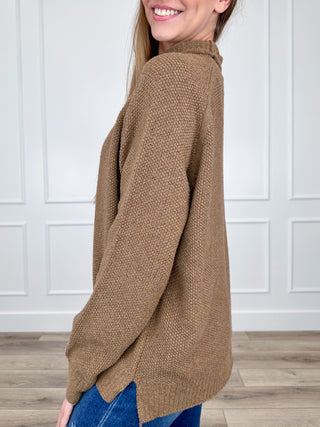Brown knit long-sleeve sweater, side profile, high turtleneck