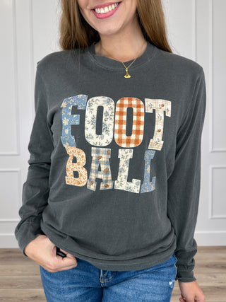 Grey long sleeve cotton graphic T-shirt with large football fan 'FOOTBALL' text