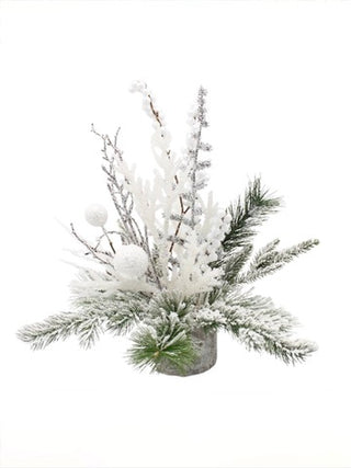 Frosted pine branch centerpiece with white baubles and gray vase