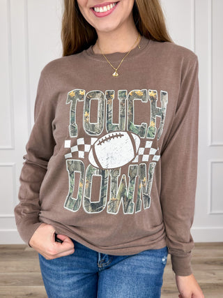 Brown long-sleeve cotton tee with Touchdown football front graphic