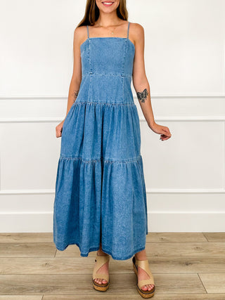 Medium wash denim cotton tiered dress with spaghetti straps and smocked bodice