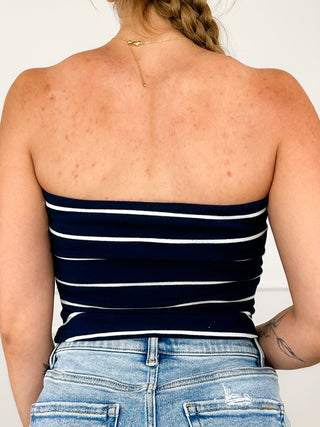 Blue striped cotton-blend tube top, back view, navy-and-white horizontal stripes