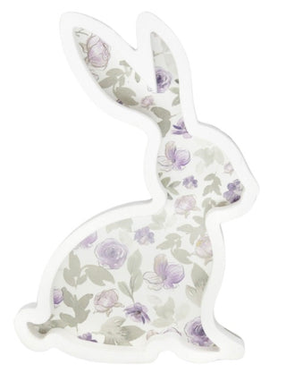 White wooden rabbit shelf sitter with purple and green floral pattern