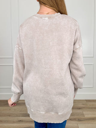 Oat cotton-blend sweatshirt top, back view with crew neck and ribbed hem