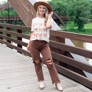 Falling Bows Cotton Blend Short Sleeve Cream Avery Mae Graphic Tee Shirt