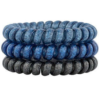 Blue glitter hair coil set, glossy mini coils stacked in two rows.