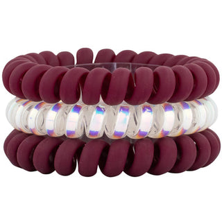 Burgundy hair coil set, glossy mini coils stacked in two rows.