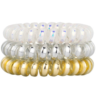 White and iridescent silver hair coil set, glossy mini coils stacked in two rows.