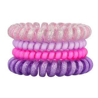 Pink, purple, and glitter hair coil set; stacked glossy mini coils.