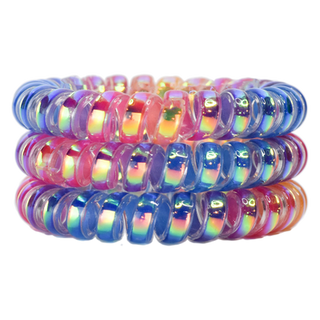 Rainbow iridescent hair coil set, glossy mini coils stacked in two rows.