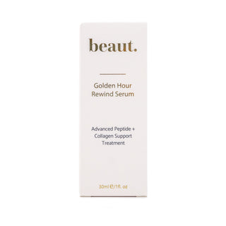 beaut. Golden Hour Rewind Serum box, 30ml/1 fl oz; advanced peptide + collagen