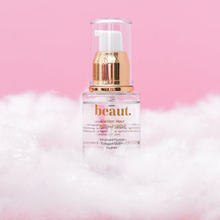 beaut. Golden Hour Rewind Serum glass bottle with gold pump top