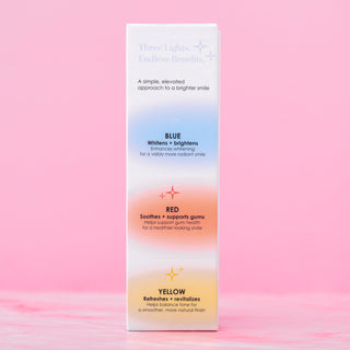 Prism smile teeth whitening kit box, showing blue red yellow light settings