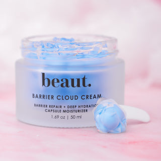 Beaut Barrier Cloud Cream jar, white body with blue text and matching lid