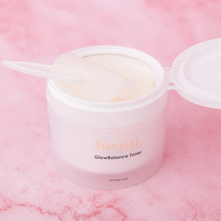 beaut GlowBalance toner pads tub with open lid and visible toner pads inside