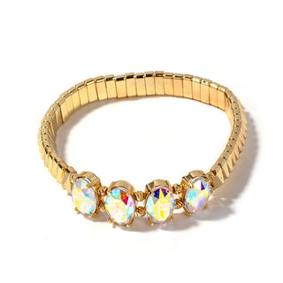 Gold-tone bead bracelet with four rainbow prismatic oval crystal charms