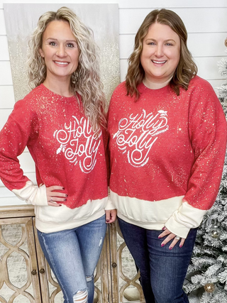 Holly Jolly Cotton Blend Bleached Long Sleeve Red Avery Mae Graphic Crewneck Sweatshirt
