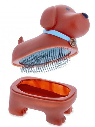 Red dog-shaped slicker brush with long metal pin bristles and oval paw base