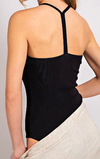 Black open-back bodysuit with thin halter straps