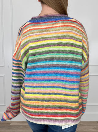 Multicolor striped knit cardigan back view, long sleeves