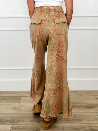 High-rise wide-leg pants with drawstring waist and patchwork floral print, back view