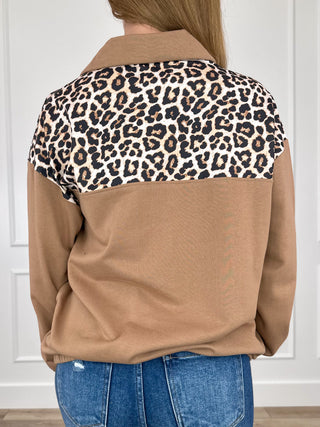 Long sleeve quarter-zip pullover top, brown with leopard print back yoke and gold zipper