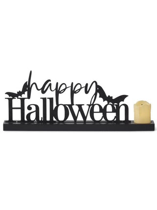 Black LED Halloween decor with “Happy Halloween” text and candle