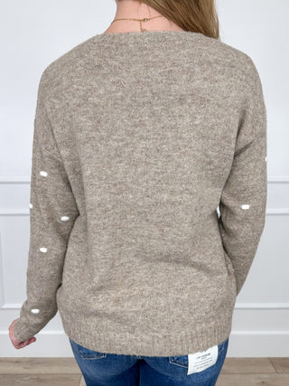 Oatmeal knit long-sleeve sweater with white dot pattern, back view