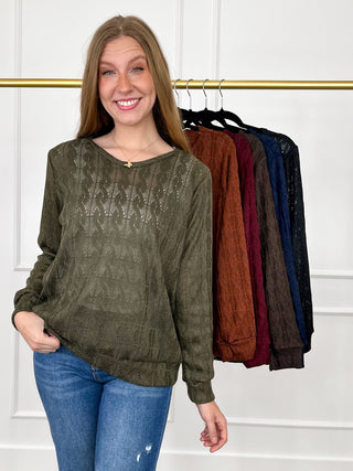Olive green textured knit long-sleeve top with relaxed fit and round neckline
