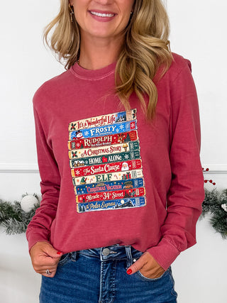 Red cotton long-sleeve graphic T-shirt, colorful movie marquee front screenprint
