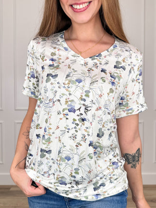 Floral print rayon-blend V-neck short-sleeve top, white with gathered front
