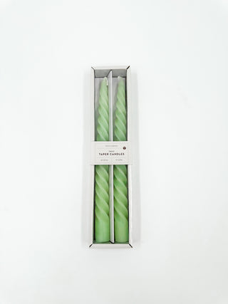 Twisted taper candles, two green twisted tapers in a box
