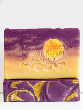 Center Street soap bar: purple top and yellow bottom with embossed logo