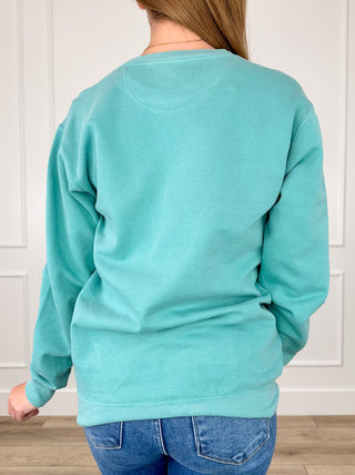 Tis the Season for Boos Cotton Blend Long Sleeve Turquoise Avery Mae Graphic Crewneck Sweatshirt (Comfort Colors)