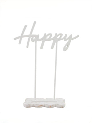 Script Happy tabletop decor sign with two posts and circular fabric base