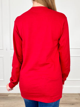 Red long-sleeve cotton tee, plain back view