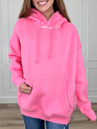 Pink hooded pullover with drawstring, long sleeves, front pocket, text graphic
