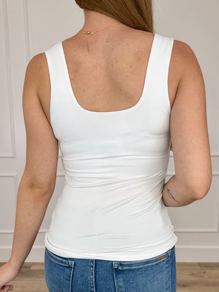 Women's fitted white tank top, open scoop back and sleeveless straight neckline