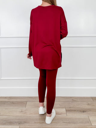 High-rise cropped leggings set in wine red, long-sleeve tunic top and fitted leggings