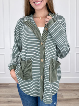 Green striped hooded button-up long-sleeve top with front patch pockets
