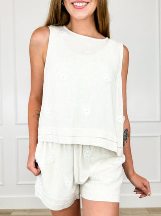 Linen-blend short set in light oat with sleeveless top and elastic-waist shorts
