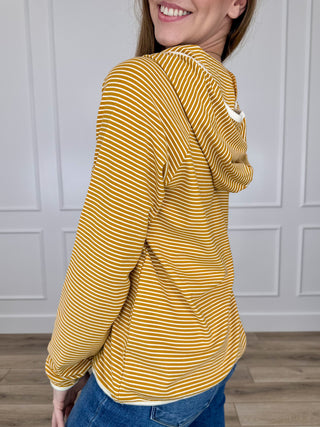 Yellow striped hooded long-sleeve pullover top, side profile
