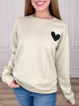 Sand cotton-blend crewneck sweatshirt with black heart graphic on the front