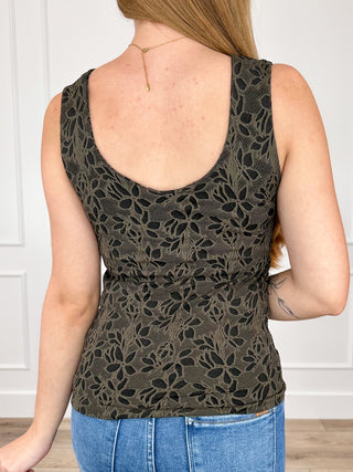 Green lace sleeveless tank top with round back cutout, floral pattern