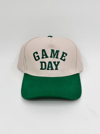 Game Day embroidered hat with beige crown, green brim, and green “GAME DAY” stitching