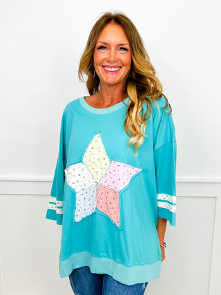 Patch Me Through Cotton Blend 3/4 Sleeve Blue Avery Mae Top