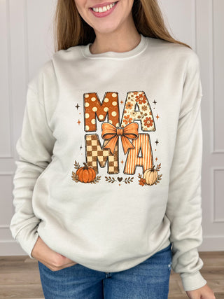 Oat crewneck sweatshirt with long sleeves and MA pumpkin bow graphic